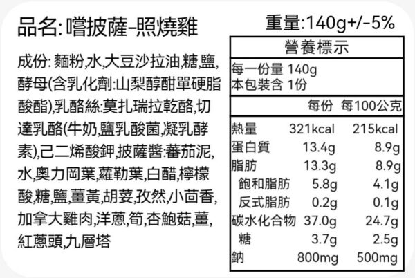 嚐披薩照燒雞-營養標示