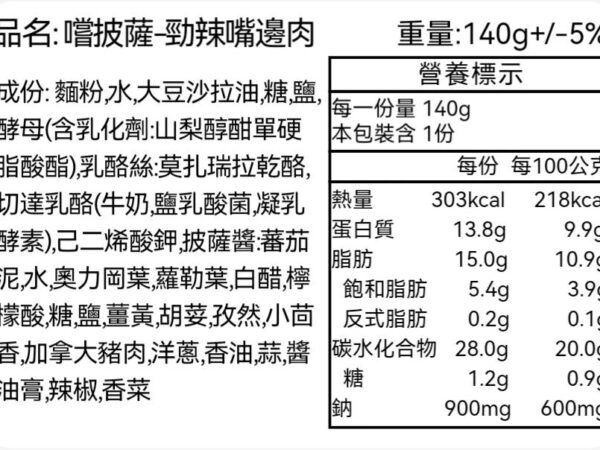 嚐披薩勁辣嘴邊肉-營養標示